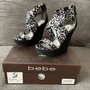 *NEW* Bebe Black Leopard Espadrille Sandal Wedge 5